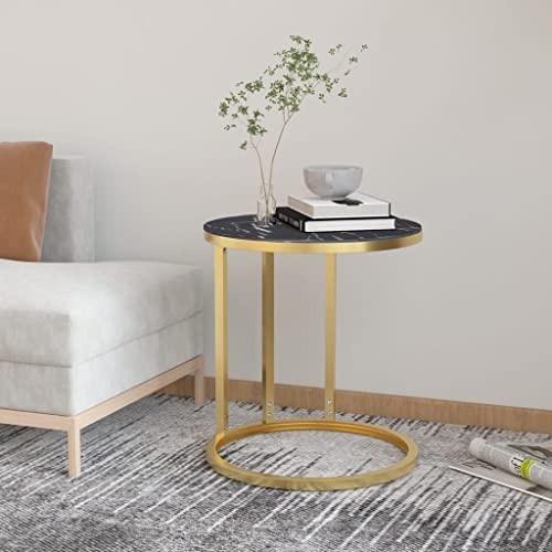 Mokuyary Beistelltisch Golden und Schwarze Marmor-Optik 45 cm Hartglas Couchtisch, Nachttisch Abstelltisch Telefontisch für Wohnzimmer, Schlafzimmer, Sofa, Büro