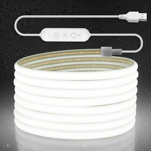Aclorol COB LED Streifen 5M Wasserdicht IP67 Kaltweiß 6000K 320LEDs/M 5V LED Lichtband Dimmbar mit Timer und 1,5M USB Anschluss Kabel für Küche Treppe Badezimmer Regal Außen Indirekte beleuchtung