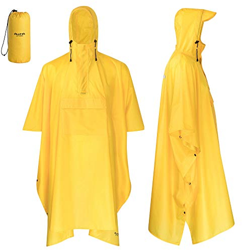 AWHA Regenponcho Damen und Herren wasserdicht und extra lang zum Wandern, Reiten, Fahrrad fahren - Outdoor Regenschutz wiederverwendbar mit Tasche, gelb, S/M