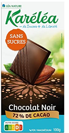 Karéléa - Chocolat Noir 72% cacao - Sans Sucre - 100 g - Lot de 6