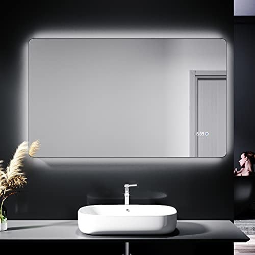 ELEGANT 1000x600mm Illuminated LED Bathroom Mirror Lights Curved Edge Design Time Temperature Display Bath Vanity Shaver Socket Wall Mounted Mirrors with Single Touch Switch Demister Pad