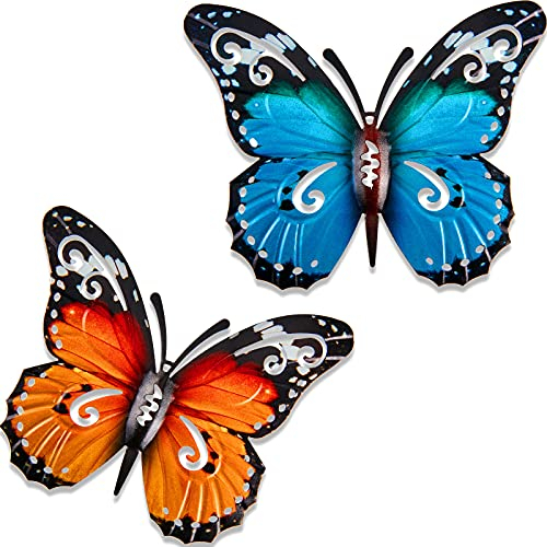 2 Stücke Outdoor Große Metall Schmetterling Garten Dekorationen Outdoor Wandkunst Metall Schmetterling für Outdoor Zäune Schuppen Wände, 27 x 22 cm (Blau und Gelb)