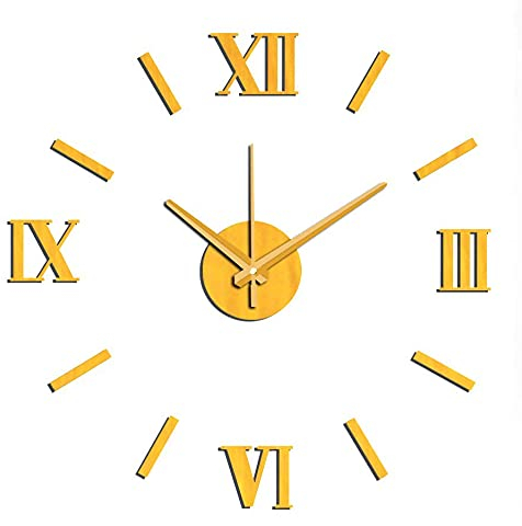 MPM DIY Wanduhr, Große Klebeuhr, Gold, Moderne 3D Aufkleber Wanduhr, Römische Zahlen und Indizes, Quarz-Uhrwerk, Wanddekoration, E01.3513