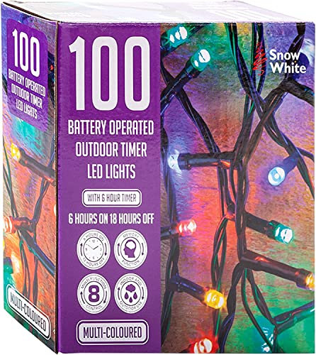 VFM - Coloured 100 Led Battery Christmas Lights - Festive Bright String Xmas Tree Wedding Fairy Lighting Indoor & Outdoor Timer Multi Function Control