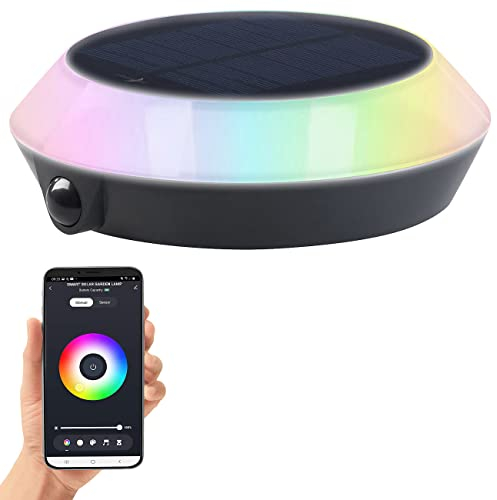 Lunartec Smarte Solarleuchten: Smarte Solar-Outdoor-Leuchte, RGB-CCT-LEDs, PIR, Bluetooth, App, 90 lm (Solarlampe Balkon, Solar Lichter mit Bewegungsmelder, LED Dachrinnenleuchten Nachtlicht)