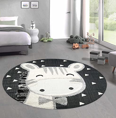 CARPETIA Kinderzimmer Teppich Baby Spielteppich 3D Optik High Low Effekt Pferd Creme grau schwarz, 160 cm rund