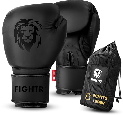 FIGHTR® Profi Boxhandschuhe aus echtem Leder | Männer und Frauen | für Boxen, MMA, Muay Thai, Kickboxen & Kampfsport 10 12 14 16 oz | inkl. Tragetasche (All Black, 12 oz)