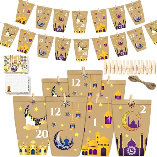 30 Stück Ramadan Papiertüten, Eid Mubarak Geschenktüten, Eid Mubarak Papiertüten Ramadan Kalender Kinder, Süßigkeiten Tüten mit Clips Juteseil, Kraftpapiertüten Candy Tüten für Geschenke Verpackung