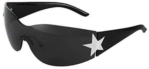 Dacitiery Rimless Wrap Around Sunglasses for Women Men, Retro Trendy Womens Oversized Shades Cool Star Fashion Sun Glasses