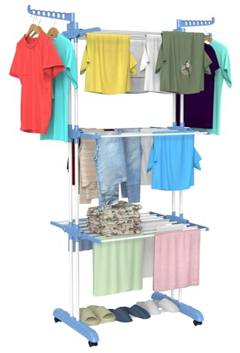 Innotic Etendoir Linge 4 Niveaux Séchoir à Linge Pliable, Étendoir à Linge Intérieur et Extérieur avec Roues, Grande Capacité Seche Linge XXL, Acier Inoxydable, 172cm, Bleu Clair+Blanc