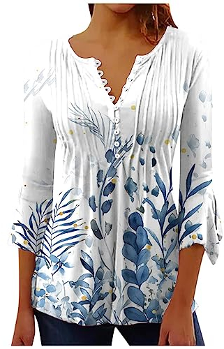 tsaChick Damen Tops Sommer Sexy Damen Lässig Knopfdruck Plissiert Kordelzug Aufgeweitet Siebte Ärmel 3/4 Ärmel Rundhalsausschnitt Top Pullover Kurzarm Damen Damen Pullover Frühling Damenpullover