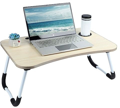 NTEK Laptop Bed Table | Portable Standing Desk with Foldable Legs & Cup Slot | Notebook Desk for Laptop, Reading, Watching Movie (WHITE MAPLE)