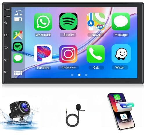 2G 64G Double Din Android Car Stereo with Wireless Carplay Android Auto Rimoody 7 Inch Touch Screen Car Radio GPS Navigation Bluetooth FM RDS WiFi USB SWC EQ AHD Backup Camera