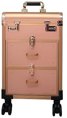 Rolling Makeup Train Case with Drawers, Professional Large Cosmetic Trolley with Combination Locks, Cosmetics Storage Organizer Make up Case for Travel Makeup/Nail Art/Hair Styling (Grey : Rose Gold