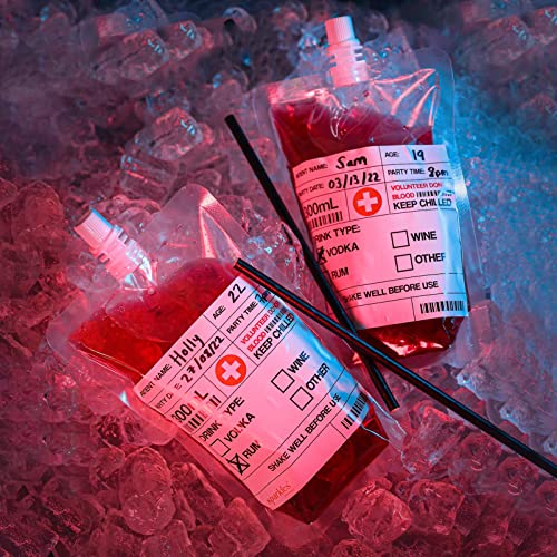 Sparkles Partyware Blood Bag Drink Pouches - Pack of 10 Blood Bag Pouches with Customisable Labels and 10 Paper Straws - Fun Novelty Halloween Party Accessory