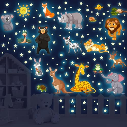 Wandtattoo Dschungel Tiere Wandsticker Leuchtaufkleber Leuchtend Wandaufkleber Leuchtsterne Selbstklebend Tiere Wandtattoo Kinderzimmer Jungen Mädchen Sternenhimmel Aufkleber Schlafzimmer Deko Grün