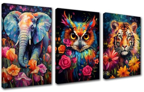 Tucocoo Raumdekor-Gemälde, abstrakte Tierbilder, 3-teilig, Leinwand, Elefant, Eule, Tiger, Portrait, Wandkunst, Blumen, modernes Kunstwerk, Heimdekoration für Wohnzimmer, Giclée, gerahmt, fertig zum