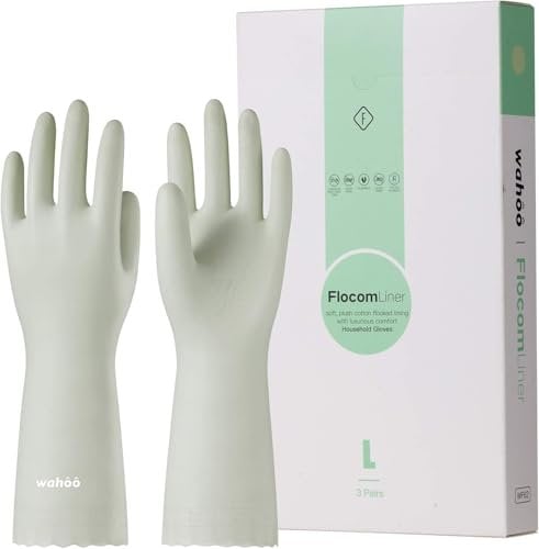 wahoo 3 Pairs Cleaning Gloves, Latex Free Washing up Gloves, Cotton Flocked Lined Dishwashing Gloves for Kitchen, Reusable, Waterproof, Non-Slip, Canary Green, Medium