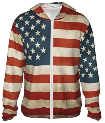 Dwrepo LSF 50+ Vintage-Jacke mit amerikanischer USA-Flagge, Sonnenschutz, schnelltrocknend, langärmelig, Sonnenshirt für Damen und Herren, Schwarz, XL