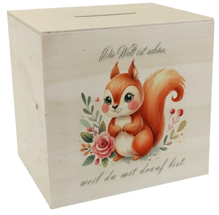 Eichhörnchen Spardose aus Holz mit Spruch Die Welt ist schön durch Dich Niedliche Eichhörnchen Spardose aus Holz Süßes Flauschiges Tier Kleiner Nager Säugetier