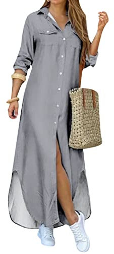 OMZIN Women Shirt V Neck Dress Casual Button Up Loose Maxi Long Sleeve Dresses Grey XL