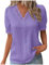 Camicia a maniche corte da donna, in pizzo, con scollo a V, elegante, a maniche corte, da donna, estiva, elegante, a tunica, casual, vestibilità ampia, Lilla, M
