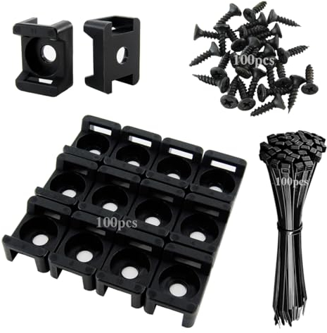 Cable Tie Base, 21.5 x 16 mm with Screw Holes, 150 mm Nylon Cable Ties and Screws, Pack of 100 Each, Cable Clamps for Base, Wall or Desk, Cable Management, Black