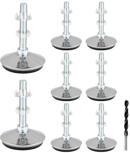 RISF Lot de 8 vis de réglage antidérapantes M8 x 50 mm en métal noir - Pieds de meubles réglables avec foret perforé, écrou, écrou à griffe, pieds réglables pour tables, lits
