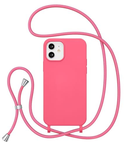 ZTOFERA Crossbody Lanyard Case for iPhone 12/12 Pro, Liquid Silicone Protective Phone Case with Strap Adjustable Neck Cord Necklace Soft Cover, Hot Pink