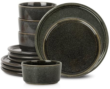 Stone Lain Eden 12-Piece Dinnerware Set Stoneware, Plates and Bowls Set, Dishwasher and Microwave Safe Dish, Dish Set for 4, Charcoal Grey