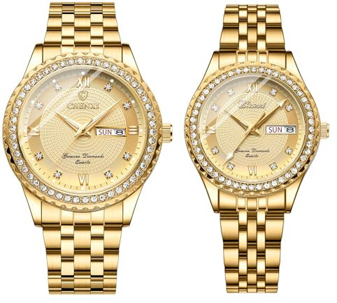 JewelryWe Paar Uhren Leuchtend Diamant: 2pcs Glitzer Strass 30m Wasserdicht Kalender Analog Quarz Pärchen Armbanduhr Gold Edelstahl Partneruhr Freundschaftsuhr mit Römischen Ziffern Diamantskala