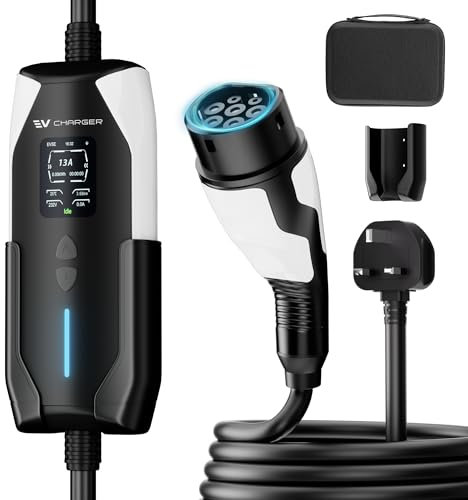 smilesun EV Charger Cable Type 2 to 3 Pin, Adjustable 6/8/10/13A, 5M Electric Car Charging Cable with 12 Hour Delay Timer, IP65 Waterproof, 2.4 Display, Home Charger Set with Cable Holder & Bag (5M)