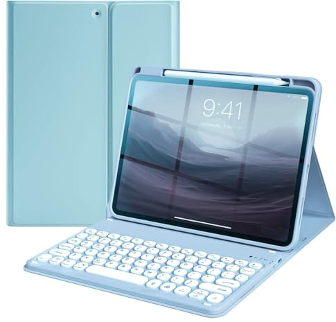 NUWONAYA Round Keys Keyboard Case for iPad 9th/8th/7th Generation/Air 3/Pro 10.5,Cute Color Folio Stand Cover with Upper Pencil Holder and Magnetic Detachable Wireless Keyboard，Misty Blue
