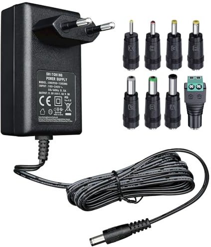 9 V 1 A/1000 mA 1,8 m Langer Netzteiladapter, AC 100–240 V auf DC 9 V 1 A 9 W Schaltstecker mit 8 auswechselbaren Spitzen für Arduino UNO MEGA, Ellipsentrainer und weitere 9-V-Geräte, CE-Zertifiziert