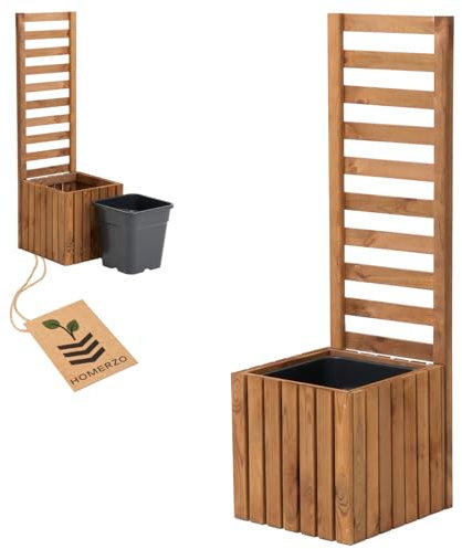 Macetero con enrejado con jardinera de madera para jardín, balcón, terraza, bancal alto con inserto para plantas de plástico de 18 L (marrón vertical, 36 x 36 x 35 cm, altura 115)