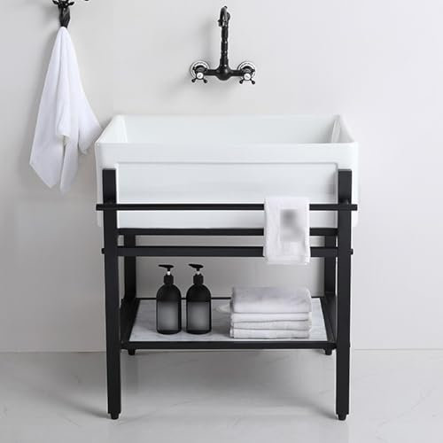 OPAALIC Fregadero de Porcelana Blanca con Estantes de Almacenamiento, Soporte de Metal Negro Fregadero Profundo AmpliadoFregadero Utilitario Comercial