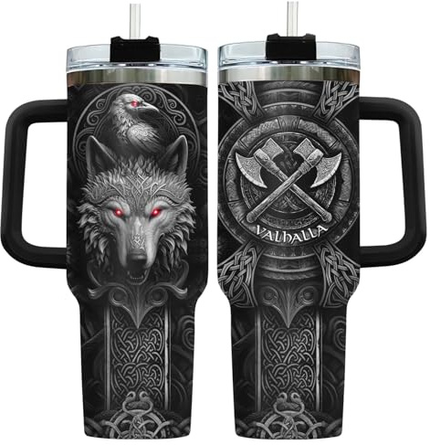 34HD Valhalla Wolf Norse Mythology 40 oz Tumbler with Handle, Gift for Papa | Insulated Stainless Steel, Coffee Cup, Celtic Raven Present, Shield Serpent Knot Medallion Nordic Berserker Dark Tumbler