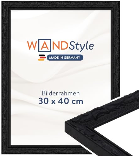 WANDStyle schwarzer Bilderrahmen 30x40 Holz, Bilderrahmen Schwarz Vintage | Hochwertiger Holzbilderrahmen Antik, Posterrahmen zum Aufhängen, Rahmen 40x30 cm, Fotorahmen H530 Made in Germany