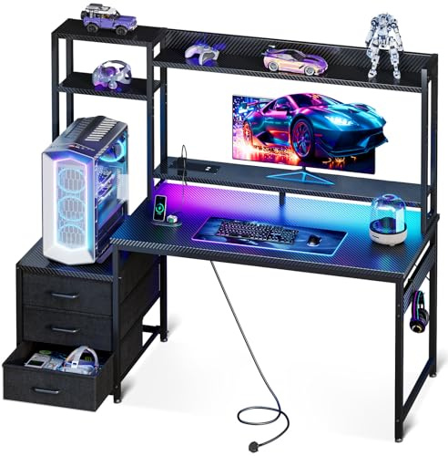 Coleshome Gaming Desk with LED Lights & Display Shelves Carbon Fiber Black | 120×48 cm Computer Desk with LED Lights & Sockets, Reversible PC Gaming Table with Monitor Stand, Carbon Fiber Black