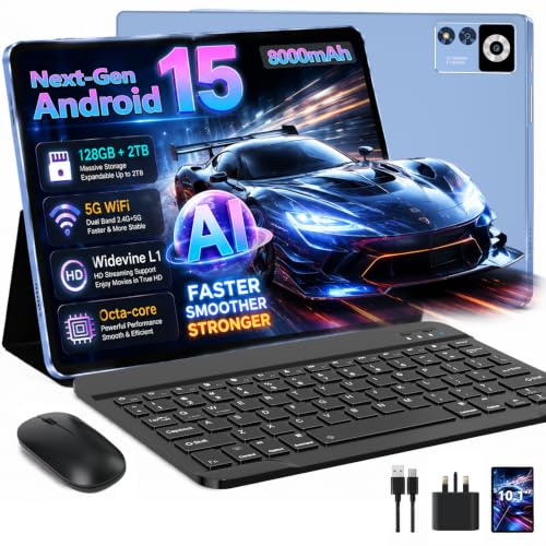 Tablet 10 Inch Android 15 , 30GB RAM + 128GB ROM (TF 2TB), 5G WiFi Tablets, Gemini AI/ Widevine L1/ 8000mAh/ Octa-Core 2.0GHz/ 8+5MP/BT 5.0/ GPS/ Face ID/ 2-in-1 Tablet with Keyboard & Mouse - Blue