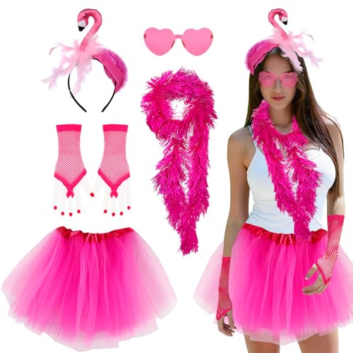 CIYIN Flamingo Kostüm Damen Set, 5PCS Karneval Flamingo Accessoire, mit Flamingo Haarreif, Rosa Tüllrock, Langer Federschal, Handschuhe und Herzbrille, Flamingo Faschingskostüme Damen