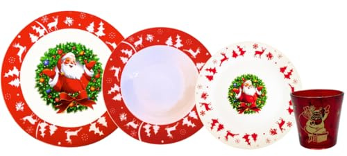 Omniacasa Juego de 18 platos de porcelana de Navidad para 6 personas, con 6 vasos, decoración de Papá Noel con guirnalda navideña