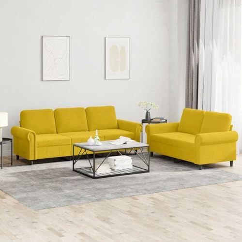 Mandloder 2-TLG. Sofagarnitur mit Kissen, Gelb Samt, Modernes Wohnzimmer Sofa Set, Bequeme Polster Couch Kombination, 152x77x80cm & 212x77x80cm
