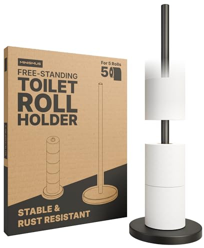 Minismus Toilettenpapierhalter stehend mit beschwerter Basis für kippsicheren Stand, Toilettenpapierständer aus Edelstahl, bietet Platz für bis zu 5 Ersatzrollen für bequemen Zugriff