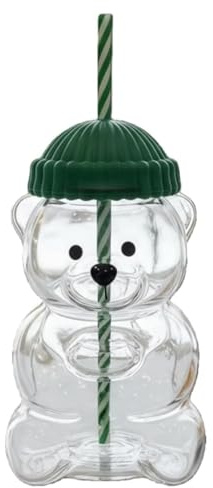 Ejoyous Bear Straw Cup, 590 Ml Bear Glass with Lid and Transparent Straw for Coffee, Milk, Tea, Drinks