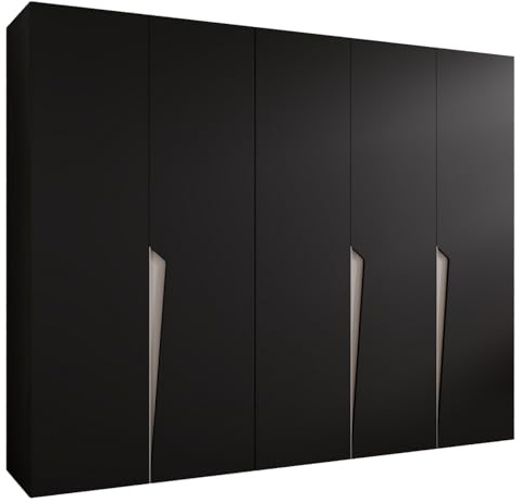 MEBLE KRYSPOL - Kleiderschrank - Garderobenschrank - 250 cm x 202 x 52 cm - Schrank mit Kleiderstange, 5 Türen - für Schlafzimmer, Flur - Piano, Schwarz, Griff Kaschmir