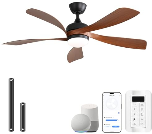 Sofucor Smart Ventilatore da Soffitto con Luce, Alexa/App, Telecomando | 132 cm, WiFi, Silenzioso, Timer, 6 Velocità, 3 Temperatura di Colore, Motore DC per Camera