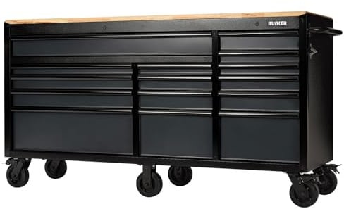 Bunker 72” Heavy Duty Tool Cabinet & Workbench - 15 Drawer Tool Chest on Wheels, Lockable Garage Storage Unit, Steel Frame with Matt Grey Finish - For Professional Mechanics or Workshops