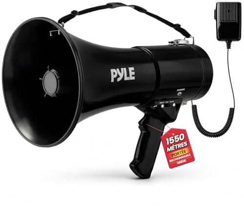Pyle 50W Portable Megaphone Bullhorn Speaker– Alarm Siren, Adjustable Volume up to 1700 Yards, Aux Input & USB/TF Playback, Lightweight for Indoor & Outdoor Activities, Sports & Emergency Drills–Black