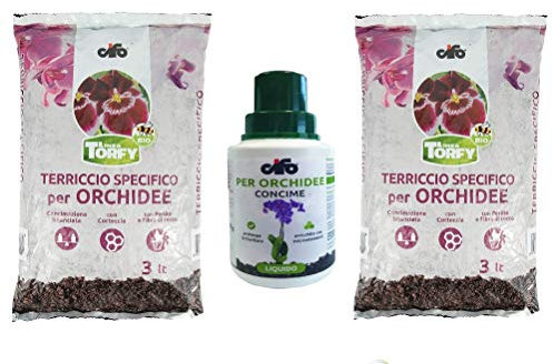 CIFO Linea Torfy, 2 Confezioni Terriccio per Orchidee da 3 lt. + 1 Flacone Concime Liquido Orchidee 200 ml. con Corteccia, Perlite Fibra di Cocco. Fertilizzante e Crescita delle Orchidee